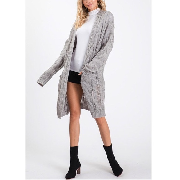 Gray Cable Knit Long Sweater Cardigan - Picture 4 of 5